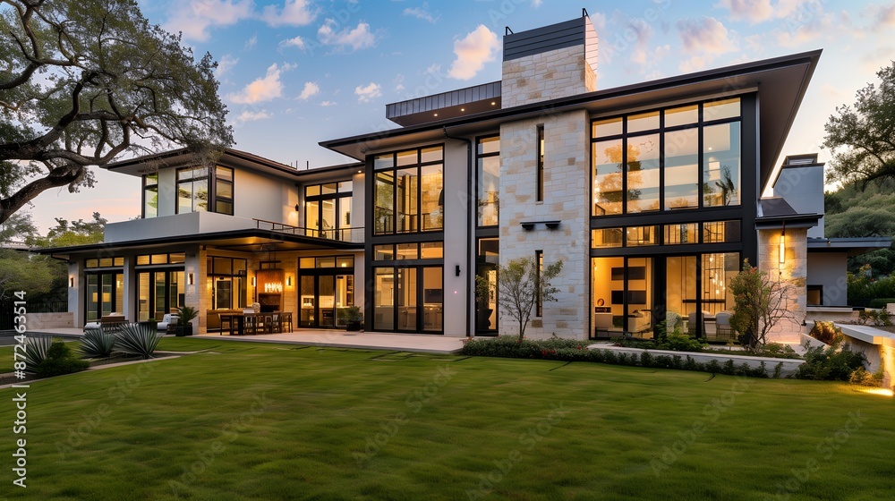 Contemporary Luxury Home with Large Windows and Manicured Lawn at Sunset Contemporary Luxury Home with Large Windows and Manicured Lawn at Sunset
