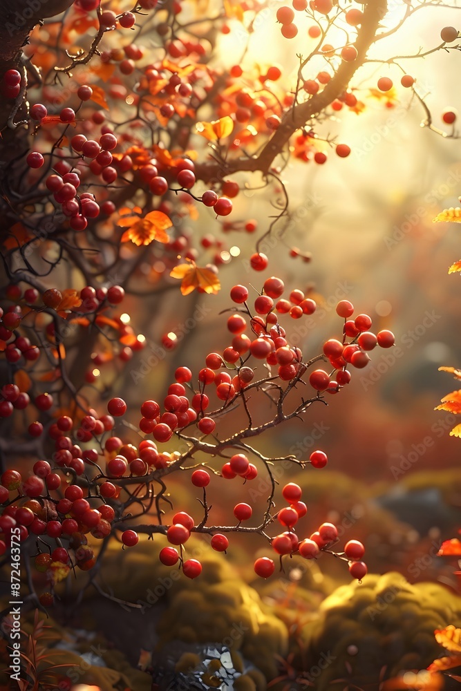 Abundant Autumn Berry Bushes with Vibrant Foliage and Mossy Forest Details Abundant Autumn Berry Bushes with Vibrant Foliage and Mossy Forest Details