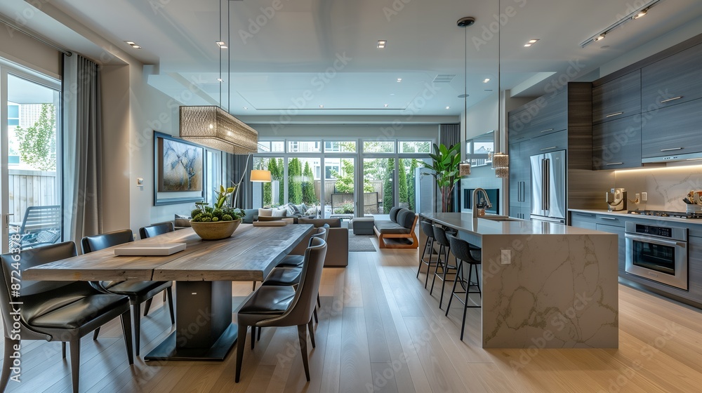 Modern Open-Concept Living Area with Sleek Kitchen and Dining Space Featuring Large Windows Modern Open-Concept Living Area with Sleek Kitchen and Dining Space Featuring Large Windows