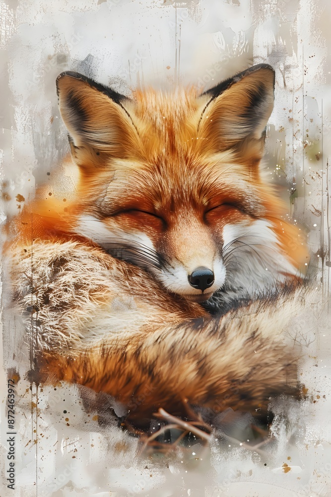 Fototapeta premium Curled Up Fluffy Red Fox Resting Peacefully in Serene Watercolor Forest Glade