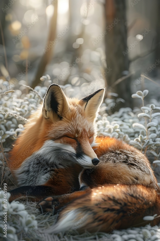 Obraz premium Curled Up Red Fox Resting Peacefully in Snowy Forest Glade with Luminous Watercolor Effect