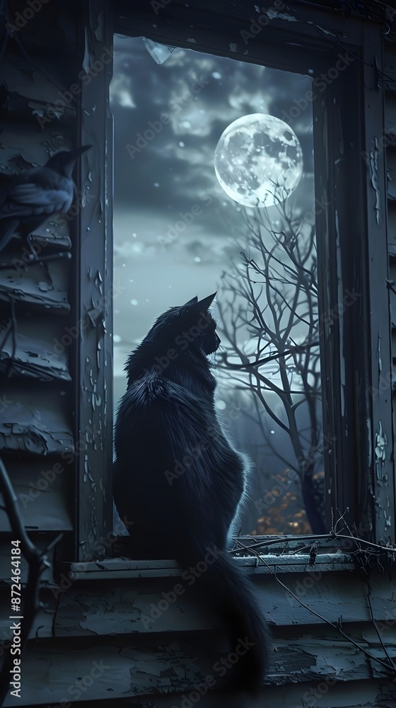 Haunting Victorian Manor at Midnight with Black Cat and Ghostly Moon