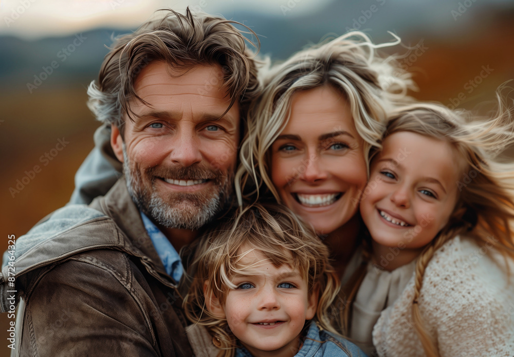 Happy Family of Four Enjoying Outdoor Adventure with Smiles and Embraces.. Happy Family of Four Enjoying Outdoor Adventure with Smiles and Embraces..