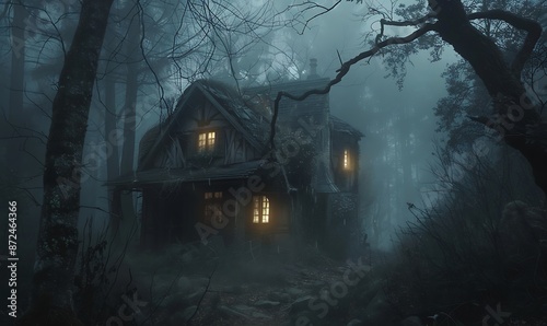 Haunted Cottage An eerie, abandoned cottage with flickering lights in a dense, foggy forest