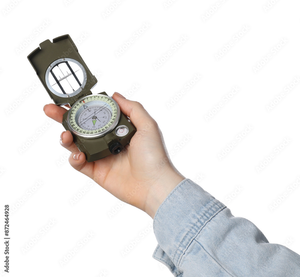 Woman holding compass on white background, closeup Woman holding compass on white background, closeup
