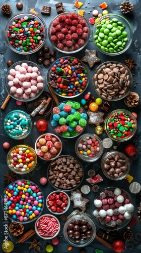 A top-down view of a festive candy bar setup, featuring jars and bowls filled with colorful candies, chocolates, and holiday treats