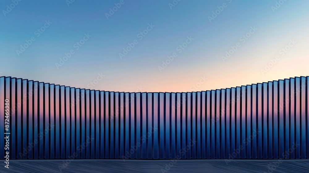 fence made from curved metal slats, each painted in a gradient from sky blue to deep navy, mimicking the horizon at dusk fence made from curved metal slats, each painted in a gradient from sky blue to deep navy, mimicking the horizon at dusk
