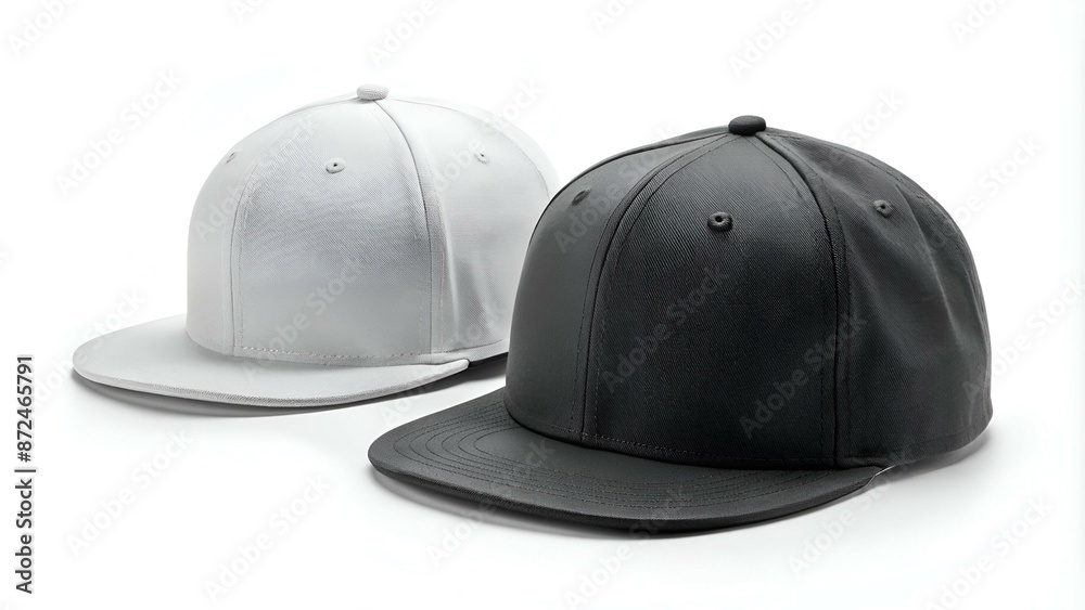 Set of black and white images of a rapper cap with a flat visor, snapback. Isolated objects on white background.