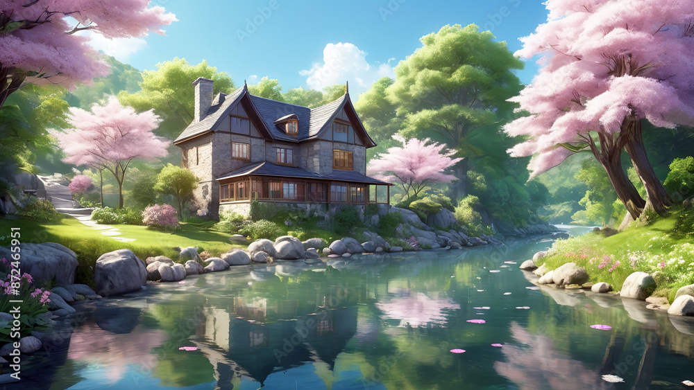Digital painting of a beautiful house with a pond in the background