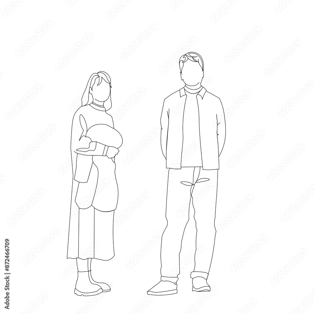 外で男性と女性のカップルが立ち並びこちらを見ている様子(線画) 外で男性と女性のカップルが立ち並びこちらを見ている様子(線画)
