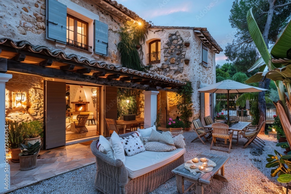 Fototapeta premium Cozy Patio with Wicker Furniture in a Mediterranean Villa