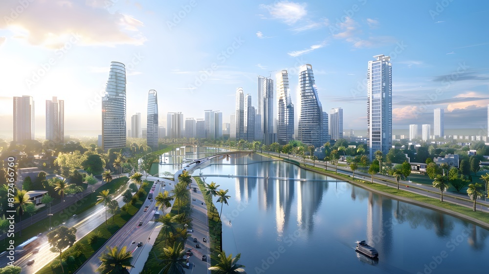 Fototapeta premium Find the perfect image of a smart city concept., clean background, Photo stock style, clean background, no copyrighted logo, no letters