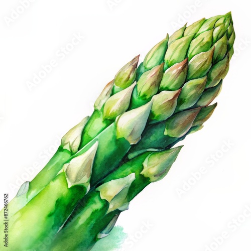 Close-up of a watercolor green asparagus spear isolated on white background. photo