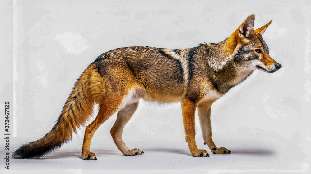 Fototapeta premium Full body profile of coyote isolated on white background with copyspace area.