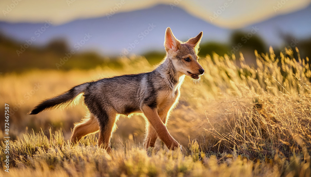 Fototapeta premium white coyote cub playing field
