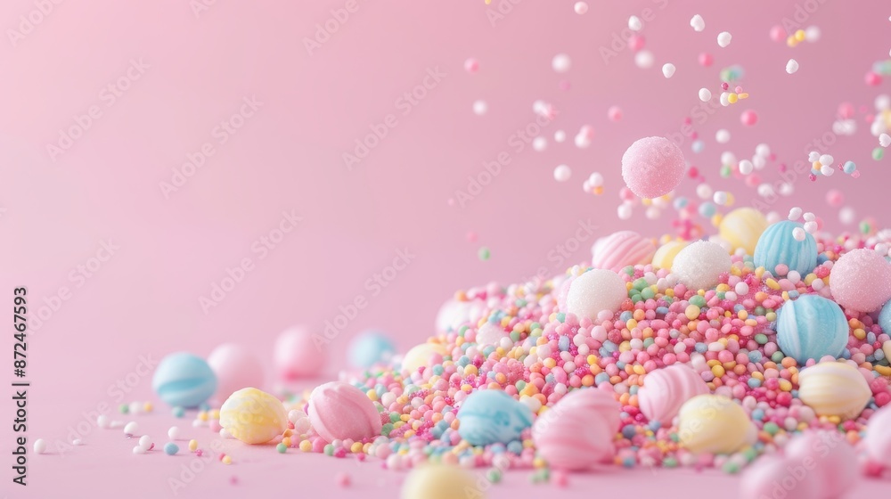 A pile of colorful candies with pink, blue, and yellow sprinkles A pile of colorful candies with pink, blue, and yellow sprinkles