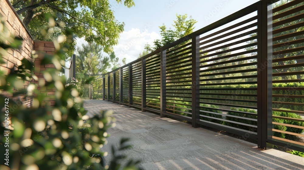 modular fence with panels that include rotating metal blades, allowing for airflow and a customizable level of privacy modular fence with panels that include rotating metal blades, allowing for airflow and a customizable level of privacy