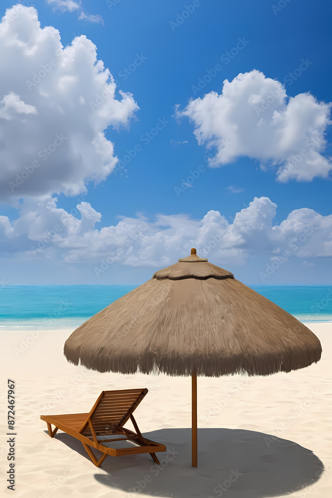 Fototapeta premium Beach scene with chair and thatched umbrella