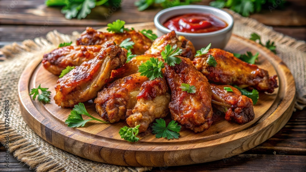 Crunchy, golden-brown, deep-fried chicken wings smothered in rich, tangy BBQ sauce, garnished with fresh parsley on a rustic wooden plate. Crunchy, golden-brown, deep-fried chicken wings smothered in rich, tangy BBQ sauce, garnished with fresh parsley on a rustic wooden plate.