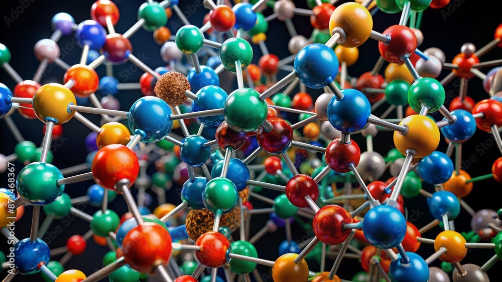 Colorful intricate three-dimensional molecular structure model with atoms and bonds in a futuristic laboratory setting on a black background. Colorful intricate three-dimensional molecular structure model with atoms and bonds in a futuristic laboratory setting on a black background.