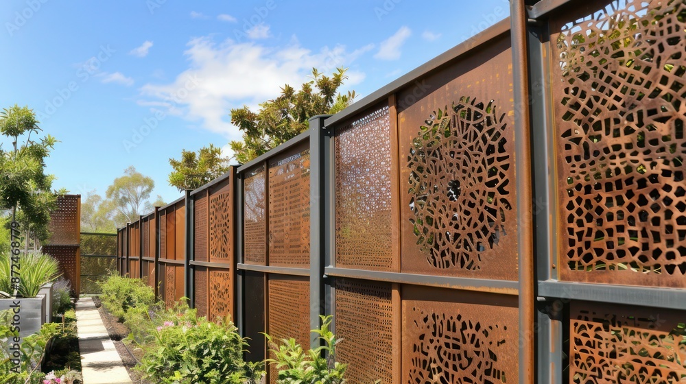 robust metal fence designed with both solid and perforated panels, offering both privacy and visual interest robust metal fence designed with both solid and perforated panels, offering both privacy and visual interest