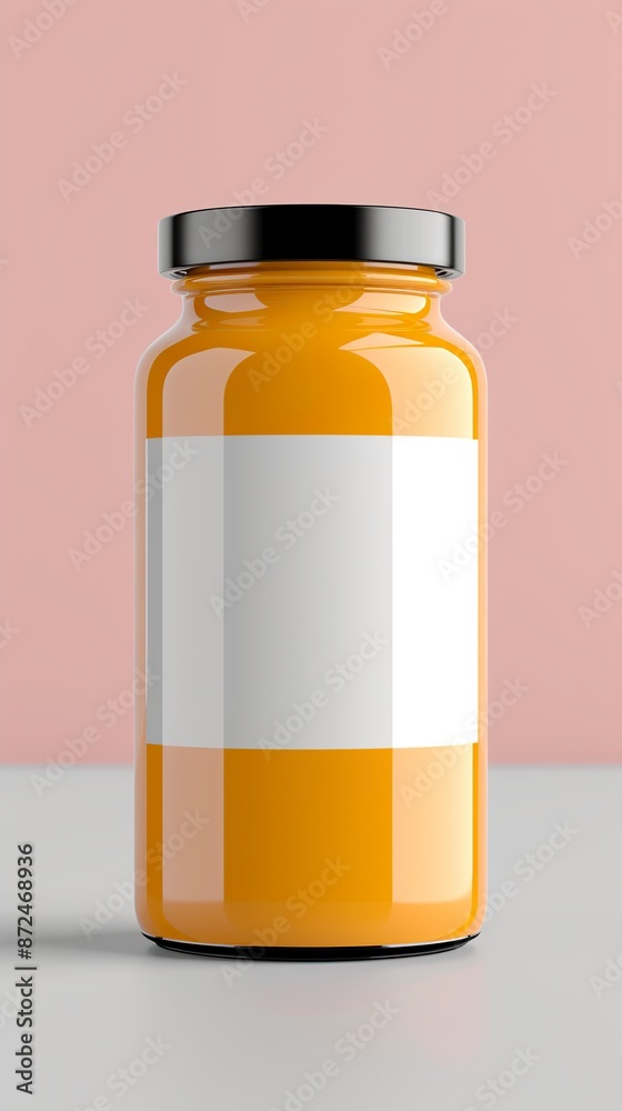 A mockup of a thin mustard jar with a metal lid. Bottle with metal lid for product presentation on a soft pink background. A mockup of a thin mustard jar with a metal lid. Bottle with metal lid for product presentation on a soft pink background.