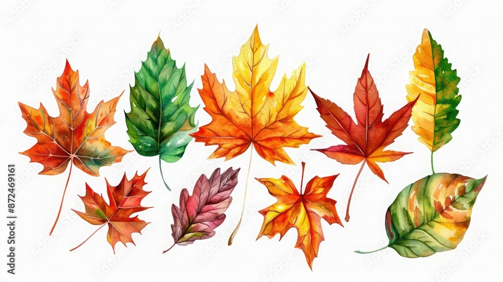 Beautiful watercolor illustration of autumn leaves in various colors and shapes, perfect for seasonal designs and nature-themed projects. Beautiful watercolor illustration of autumn leaves in various colors and shapes, perfect for seasonal designs and nature-themed projects.