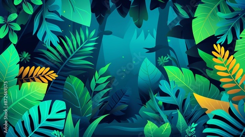 Vibrant digital illustration of a lush tropical jungle with various green leaves and plants creating a dense forest landscape. photo