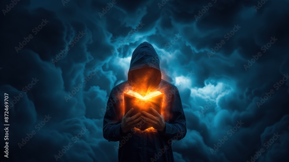Mysterious hooded figure holding an illuminated open book in the dark, surrounded by eerie clouds, symbolizing magic and mysticism. Mysterious hooded figure holding an illuminated open book in the dark, surrounded by eerie clouds, symbolizing magic and mysticism.
