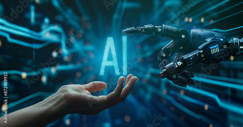 Human and AI Robot Hands Touching with 
