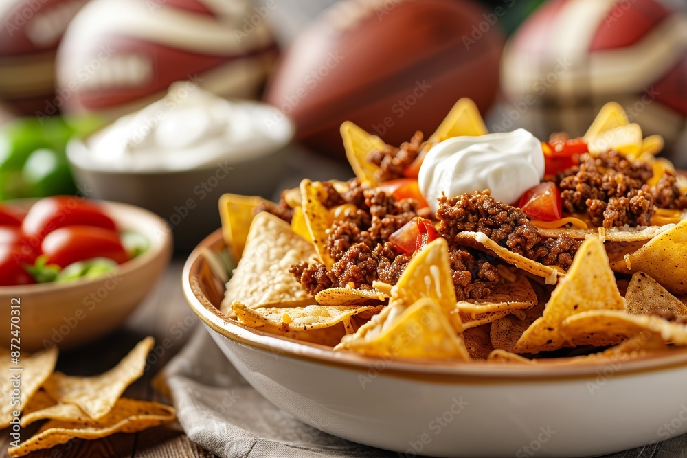 Close-up of loaded nachos on game day table topped with seasoned beef, melted cheese, and sour cream, perfect football party snack Close-up of loaded nachos on game day table topped with seasoned beef, melted cheese, and sour cream, perfect football party snack