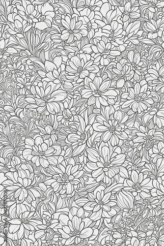 A monochrome illustration featuring a grey motif of flowers and leaves in a symmetrical pattern on a white background. The art showcases intricate detail and circle shapes in the drawing