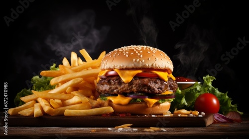 hamburger and french fries on black wooden background