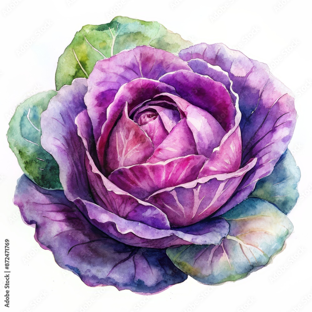 Obraz premium Close-up of a watercolor purple cabbage slice isolated on white background.