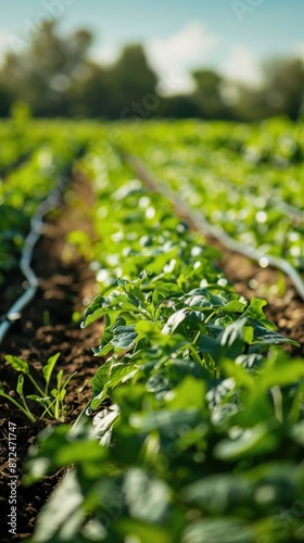 Lush green vegetable plants growing in rows on a sunny day, with irrigation system, symbolizing agricultural productivity and sustainability.