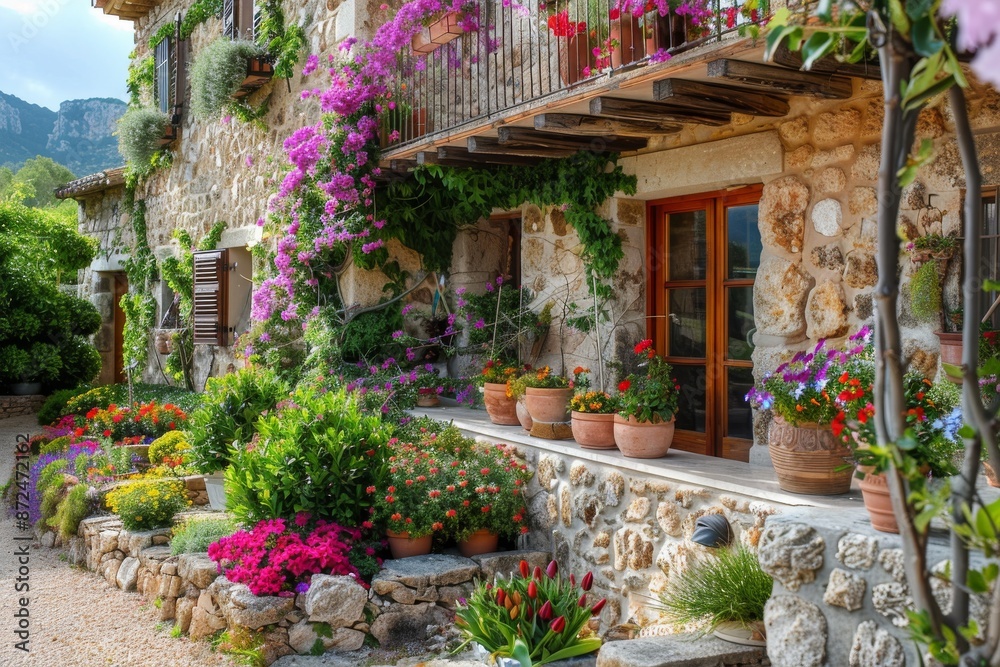 Fototapeta premium Mediterranean Stone House Adorned with Blossoming Flowers