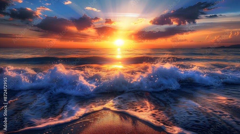 Sunset over water waves crash on sandy coastline generated. Sunset over water waves crash on sandy coastline generated.