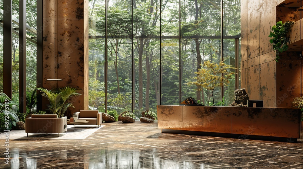 Luxurious hotel lobby with forest view, elegant reception desk, and natural ambiance Luxurious hotel lobby with forest view, elegant reception desk, and natural ambiance