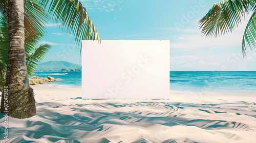 mockup of a blank cover white poster sign with a beach summer vacation background