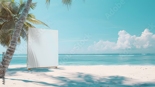 mockup of a blank cover white poster sign with a beach summer vacation background