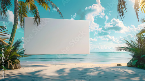 mockup of a blank cover white poster sign with a beach summer vacation background
