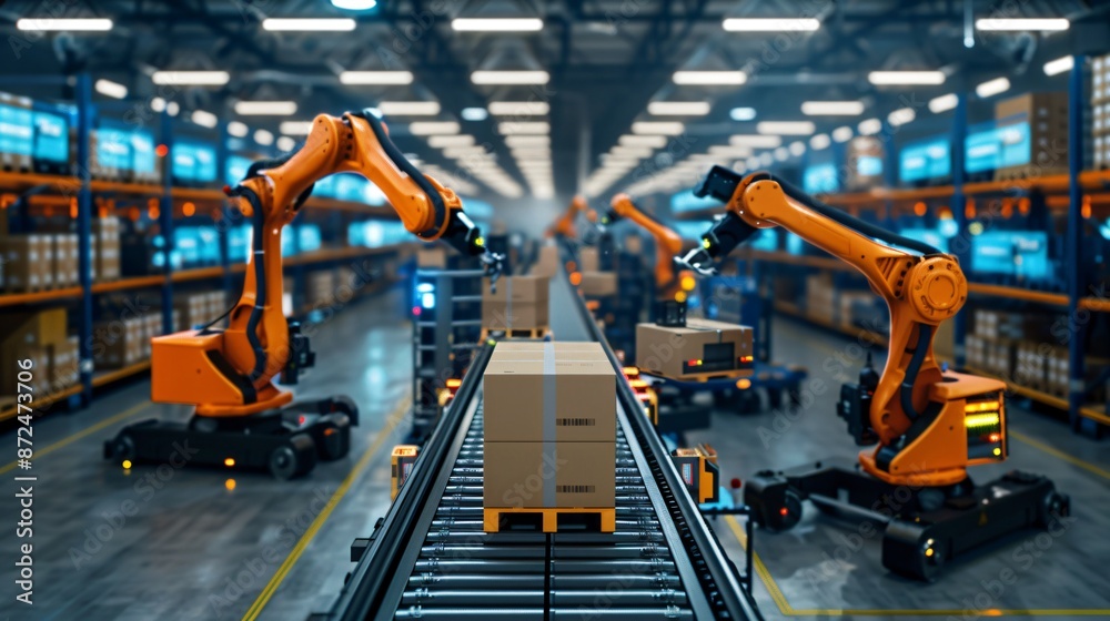 A high-tech warehouse with robotic arms and conveyor belts efficiently moving packages. The image captures the advanced automation of an intelligent warehouse management system, with digital screens A high-tech warehouse with robotic arms and conveyor belts efficiently moving packages. The image captures the advanced automation of an intelligent warehouse management system, with digital screens