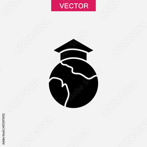 World Education icon.  Globe with graduation cap vector flat black trendy style illustration for web and app on white background..eps