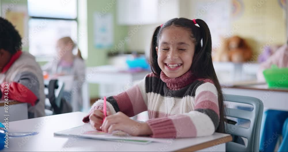 Face, girl and student in classroom with creative learning, development or drawing for school activity at desk. Portrait of smart and happy child or kid with confidence for coloring test in education Face, girl and student in classroom with creative learning, development or drawing for school activity at desk. Portrait of smart and happy child or kid with confidence for coloring test in education