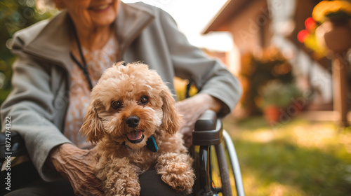 Disabled woman wheelchair holding pet dog