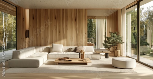 Minimalist modern living room with wood paneling, grey sofa, coffee table, large windows, and indoor plants. Neutral color palette and minimal art paintings enhance the serene ambiance.