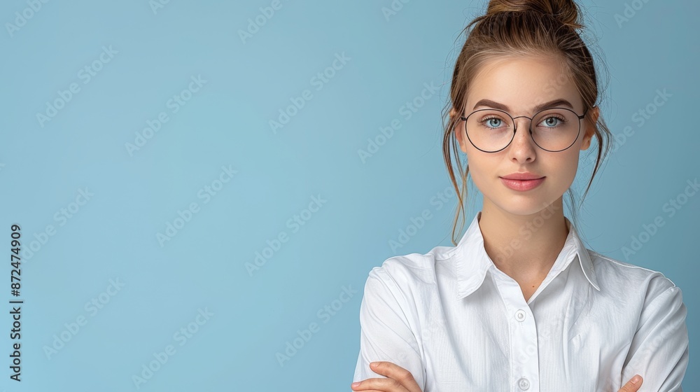 Portrait of a confident woman in stylish glasses and a crisp white shirt, exuding positivity as she stands with arms crossed, making eye contact with the camera. Well-lit against a blue background Portrait of a confident woman in stylish glasses and a crisp white shirt, exuding positivity as she stands with arms crossed, making eye contact with the camera. Well-lit against a blue background