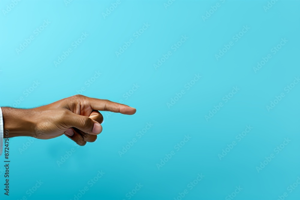 A person of African American descent points to the right with their index finger in this stock image. The hand is isolated on a blue background, creating a striking visual. Copy space A person of African American descent points to the right with their index finger in this stock image. The hand is isolated on a blue background, creating a striking visual. Copy space