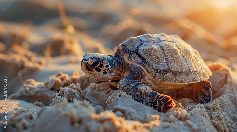 Fototapeta premium Sea turtle hatching on sandy beach, nature's cycle, new beginnings, wildlife, ocean conservation.