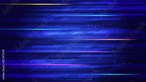 Abstract glowing light speed lines and glitter light effect on dark blue background